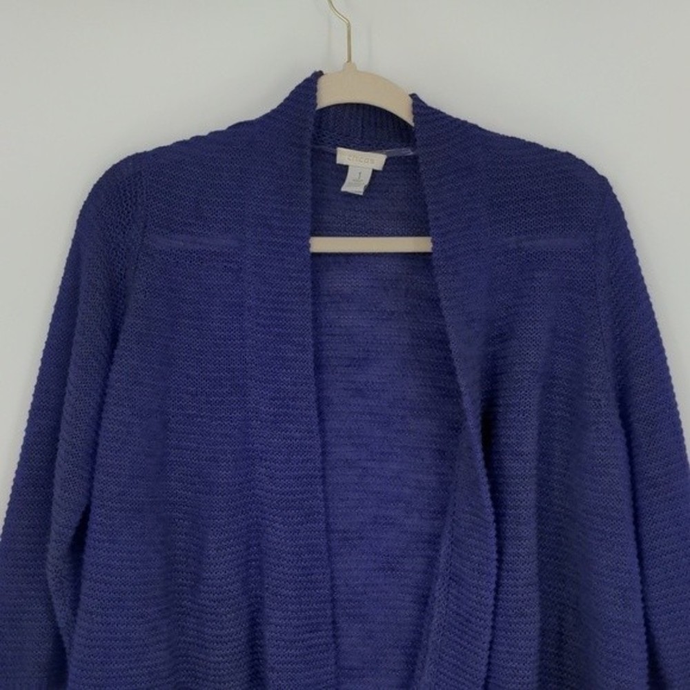 Chico's Women's Purple Linen Blend Cardigan Size Medium Open Front Short Length - Picture 2 of 12